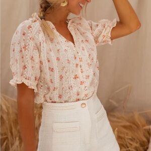 Boho Floral Lace-Trim Puff Sleeve Blouse - Cream Pink